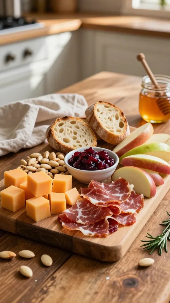 A warm, rustic farmhouse charcuterie board scene set on a distressed wooden table with a soft, sunlit kitchen backdrop. The main subject is a generously arranged board featuring hearty cheddar cubes and Manchego slices placed in two distinct zones, a small bowl of cranberry chutney between them, and an inviting assortment of sliced baguette, almond clusters, and apple wedges filling the gaps. The board should exude coziness with a natural, earthy color palette: amber cheddar, ivory Manchego, golden-brown bread, pale beige almonds, deep red cranberry chutney, and crisp red-green apple slices. Include subtle farmhouse touches: a linen tea towel draped in a corner, a small jar of honey with a wooden drizzle stick, and a few sprigs of rosemary for a fresh aroma cue. Lighting should be warm and natural, casting gentle shadows to emphasize textures—the crumbly rind of cheese, the crust of bread, the gloss on the chutney, and the crispness of the apples. Compose the frame so the board is the focal point, occupying the center, with shallow depth of field slightly softening the background to evoke an inviting, cozy kitchen table scene. No text or logos on the image.