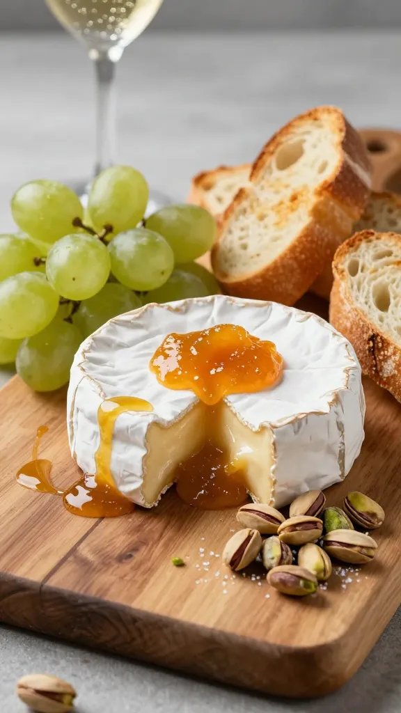 A polished, high-contrast still life of a Brie & Bubbly Board set on a rustic wooden serving board. In the center, a warm, gooey Brie wheel with a golden rind sits slightly opened, its melted interior oozing invitingly. Surround the brie with a drizzle of glossy apricot preserves in a thin, decorative swirl, a generous cluster of plump green grapes to one side, and a small pyramid of lightly salted pistachios to the other. Arrange crisp baguette slices fanned around the edge, their surfaces lightly toasted to a honey-brown shimmer. Include a chilled flute partially visible in the background with condensation beads to convey sparkle and celebration. Light should be soft and natural from the left, casting gentle shadows that enhance the creamy texture of the brie and the glistening preserves, with a shallow depth of field to keep focus on the board and its components. No text.