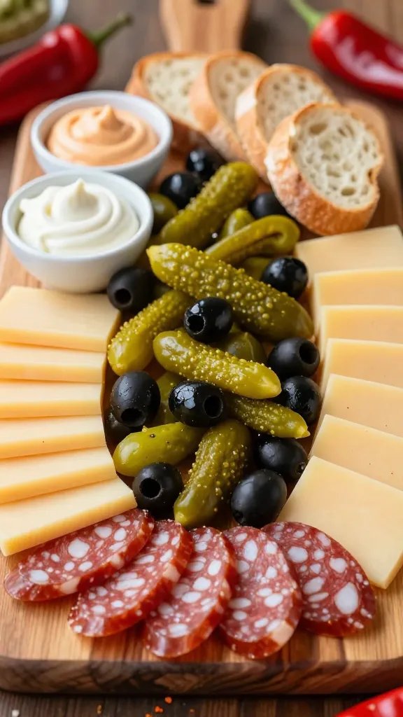 A high-resolution still-life food photograph of a vibrant charcuterie board centered on a spicy charcuterie concept. The board features neatly arranged rows of sliced chorizo and pale-yellow pepper jack slices, with a generous mound of bright green pickled jalapeños and glossy black olives filling gaps, all on a rustic wooden board. Include a few thinly sliced baguette rounds fanned to one side for building spicy bites, and small bowls of creamy dips (one white, one orange-tinted) placed nearby. In the background, softly blurred peppers or smoked paprika can hint at heat. Lighting is warm and natural, highlighting the marbling of the chorizo and the sheen on the olives, with a shallow depth of field to keep the main subject sharp while the edges gradually blur. No text, no logos.