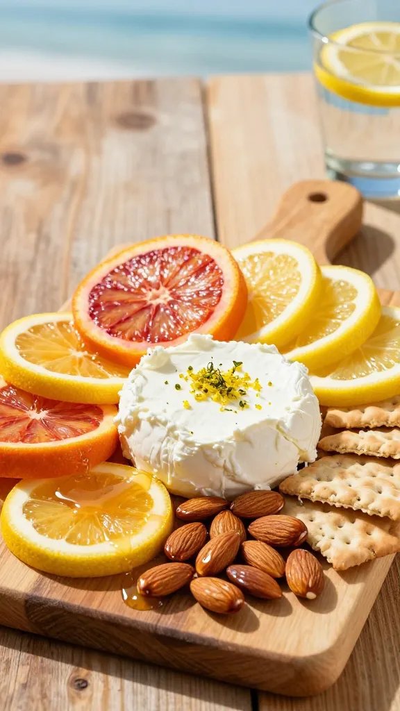 A high-resolution, artful food photography scene of a Sea-Salt & Citrus Charcuterie Board on a rustic wooden table in bright, natural light. The board features a bold dollop of soft goat cheese in the center, lightly sprinkled with fresh lemon zest. Surrounding the cheese are vibrant citrus segments (blood orange and lemon) arranged in a balanced arc, plus a handful of glossy Marcona almonds. Crackers or crostini frame the board, with a light drizzle of honey over a few citrus segments for a subtle glossy sheen. The background hints at a seaside ambiance with soft blues and warm sunlight, and a small glass of water with a lemon wheel may be faintly in view to convey freshness. The composition should be clean and inviting, with crisp textures—the creamy cheese, citrus zest and segments, and glossy almonds—captured in natural, diffused light that highlights color contrasts and rustic textures. No text on the image.