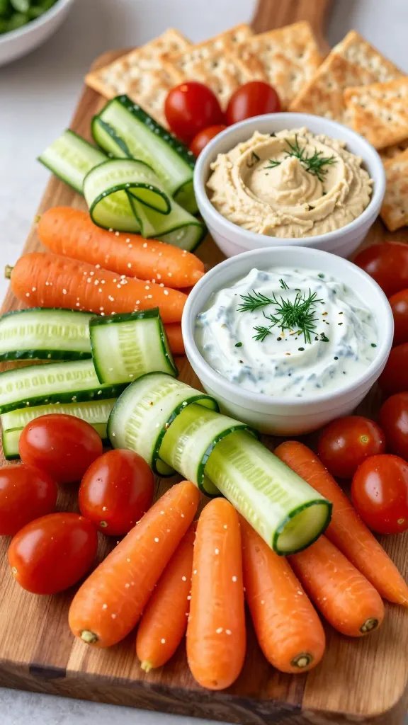 A vibrant, high-resolution food photography scene featuring a veggie-forward charcuterie board as the main subject, styled for a health-conscious crowd. The board is a rustic wooden rectangle, generously filled with two small bowls of dips—one with creamy hummus and one with cool tzatziki—placed toward the center-right. Surround the dips with a colorful array of crisp cucumber ribbons curled into spirals, juicy cherry tomatoes, and petite baby carrots arranged in loose, organic clusters. Scatter a few sesame seeds and chopped dill over the dips and vegetables for a fresh, aromatic finish. Include a few crisp crackers or pita wedges fanned at the edge of the board for scooping. Use bright, natural lighting that highlights the glossy freshness of the vegetables and the smooth textures of the hummus and tzatziki. The background should be softly blurred to keep the focus on the board, with warm tones that complement the greens, reds, and oranges of the produce. No text on the image.