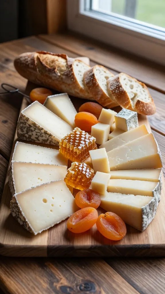 A high-resolution, editorial-style food photograph of an Alpine Cheese & Charcuterie Board set on a rustic wooden table by a sunlit window, capturing a cozy Alpine picnic vibe. The board should feature a tight grid of 4 oz aged sheep’s milk cheese slices and 4 oz alpine cheddar cubed, arranged neatly, interspersed with generous chunks of honeycomb and small clusters of dried apricots. Include a half loaf of baguette sliced into thin pieces fanned around the board for scooping. Use a muted, natural color palette with warm tones: golden honey, amber apricots, pale ivory cheeses, and the wood’s rich brown grain. Light should be soft and directional, highlighting the textures of the cheeses, honeycomb crystals, and the glistening apricots, with a slight coolness to suggest a pre-arrival chill on the board. The composition should feel like a ready-to-serve alpine picnic spread, with a sense of abundance but elegant restraint, no visible text on the image.