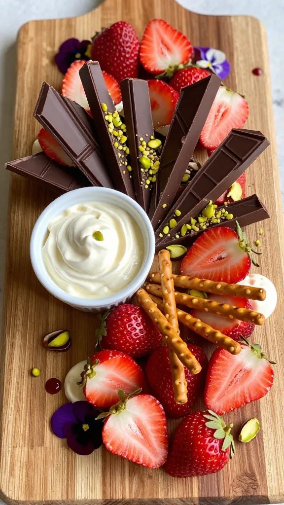 A high-resolution, photorealistic still life of a "Dessert-First Charcuterie Board" on a rustic wooden serving board, styled to emphasize a sweet ending. Centerpiece featuring shards of dark chocolate arranged in dynamic, jagged shards radiating from the middle. Surround with a delicate pile of halved strawberries for vibrant red color, interleaved with crisp pretzel sticks for contrast, and dollops or a small ramekin of vanilla bean whipped cream for dipping. Sprinkle crushed pistachios over chocolate shards and partially over strawberries for a pop of green and crunch. Use soft, natural lighting that creates gentle shadows and highlights the glossy sheen on the chocolate and the creamy texture of the whipped cream. Surround with an assortment of petite decorative elements (e.g., a few edible flower petals, a light drizzle of berry coulis on the board) to enhance color play, but keep the composition balanced and uncluttered. Ensure the main subject from the article title—“Dessert-First Charcuterie Board: Sweet Ending, Always”—is clearly represented through the focal arrangement of chocolate shards, strawberries, pretzels, whipped cream, and pistachios, all presented as a cohesive, inviting dessert-inspired board. No text on image.