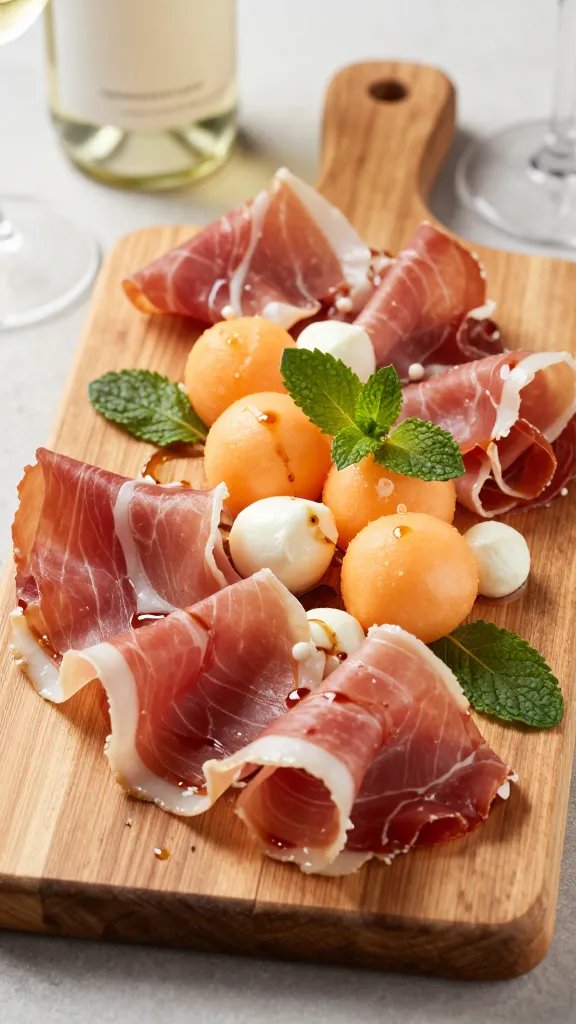 A high-resolution, studio-lit food photography scene featuring a polished wooden serving board as the main subject, arranged for an Italian-inspired charcuterie presentation. The board holds delicate, translucent prosciutto ribbons fanned in a half-manufactured crescent, with perfectly rounded cantaloupe balls nestled at the center and small burrata or mozzarella pearl clusters glistening slightly. Fresh mint leaves are scattered around for bright color contrast, and a light glaze of aged balsamic is artfully drizzled in a fine, glossy line near the center for a subtle sheen. The background is softly blurred to emphasize texture and freshness, with a chilled bottle of white wine and a couple of elegant glassware hints in the periphery. The overall mood is classic Italian elegance: warm natural tones from the wood, vibrant orange cantaloupe, pale ivory burrata pearls, and deep green mint. The composition should be balanced, with the board slightly angled to reveal the fan-shaped prosciutto, the melon spheres centrally clustered, and the garnish position creating a sense of motion and brightness. No text on the image.