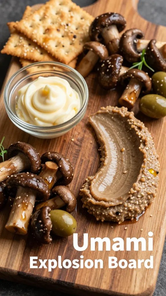 A high-resolution, photo-realistic still life of a charcuterie board focused on the "Umami Explosion Board" concept. Centerpiece features a crescent smear of mushroom pâté or rillettes in a smooth, curved line across a rustic wooden board. Arrange a small glassdish or ceramic dish of white miso butter in one side, surrounded by an artful scatter of marinated mushrooms and glossy olives. Include a handful of sesame crackers scattered for texture contrast. Lightly drizzle sesame oil over the mushrooms to create a subtle sheen. Use warm, natural lighting with soft shadows to emphasize rich, earthy tones of mushrooms and the creamy miso butter. Style the board with minimal greens or micro herbs for color balance, and ensure the main subject from the article title—an Umami Explosion Board showcasing savory, deep flavors—is clearly visible and the focal point. No text on image.