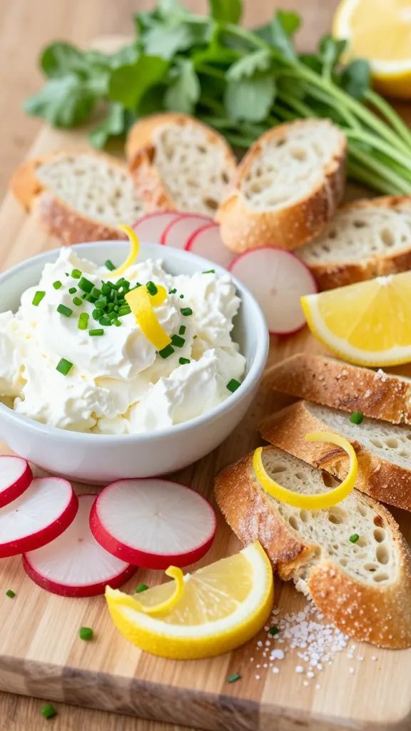 Create a bright, inviting close-up of a charcuterie board centered on a vibrant Bright Citrus & Herb Board. The board features a small bowl of fluffy whipped ricotta, thinly sliced radishes, a few lemon zest curls, and a generous scattering of chopped fresh chives. Surround with crisp baguette slices arranged in a fan or scattered weblike pattern. Include a wedge of lemon for color pop and a light dusting of flaky sea salt across the surface. Set on a light wooden or marble board with natural, warm lighting to emphasize the fresh greens and citrus, with a shallow depth of field that softly blurs the background. Emphasize texture: creamy ricotta, crisp radishes, zesty lemon zest, and tender herb leaves, all presented in a clean, garden-fresh, summery aesthetic. No text.