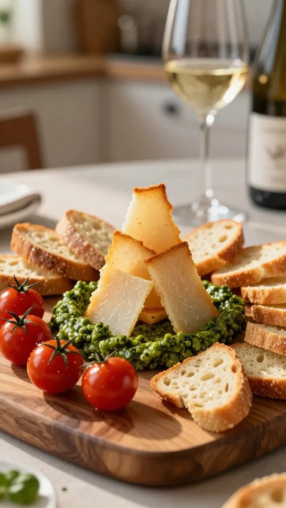 Create a high-resolution, photo-realistic culinary scene featuring a chic charcuterie-style board as the main subject, centered on a wooden serving board with a backdrop of a softly blurred, warm-toned kitchen or dining table. The board showcases a prominent parmesan crisps mound (golden, crisp-edged discs formed into a small pyramid) as the focal point, surrounded by vibrant emerald basil pesto swirls and dollops, with a ring of sparkling cherry tomatoes for color and freshness. Include thin baguette slices fanned around the edge for dipping, and several crisp parmesan crisps arranged around the pesto nest. The lighting is natural and golden-hour, highlighting the glossy pesto, the glossy tomatoes, and the crunchy texture of the parmesan crisps. Add a small wine glass with white wine and a subtle hint of a wine bottle in the background to convey pairing. Ensure the main subject aligns with the article title’s theme: “Charcuterie Board” meets a bold, crunchy parmesan & pesto flavor profile. The scene should feel inviting, sophisticated, and ready for a party, with no text overlays on the image.