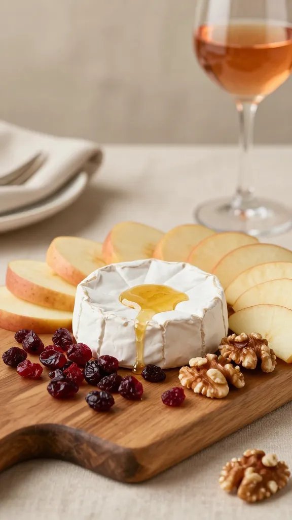 A high-resolution, studio-style food photograph featuring a warm, autumn-inspired charcuterie board centered on a creamy Brie wheel, surrounded by thin apple slices arranged in a soft halo. The board includes scattered dried cranberries and roasted walnuts for color and texture, with a delicate glaze of honey drizzled over the Brie to create a subtle shine. The setting evokes cozy fall vibes year-round: a rustic wooden board on a light linen backdrop, with warm ambient lighting, subtle shallow depth of field, and a glass of peachy rosé in the background to hint at pairing. No text on the image.