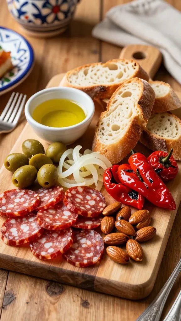 A high-resolution, cinematic food photography scene of a chic tapas-style charcuterie board set on a rustic wooden table, featuring a central assortment inspired by the “Global Board: Tapas-Style All-Royale.” The board includes bright red chorizo slices, glossy marcona almonds, marinated roasted peppers, and a crusty baguette sliced into bite-sized pieces, all arranged in organic, cluster formations for easy grabbing. A small, elegant bowl of extra-virgin olive oil with a subtle sheen sits beside the bread for dunking. Scattered pickled onions add a pop of brightness. Soft natural light from the left highlights textures: the buttery sheen of olives, the paprika-tinted oil, the wrinkled peppers, and the crisp crust of the baguette. The background should be blurred to emphasize the board, with a hint of Spanish-inspired ceramic dishes and a neutral linen napkin for sophistication. A few delicate forks rest on the side, hinting at easy tasting without crumb chaos, and the overall composition conveys approachable, low-effort elegance. No text on the image.