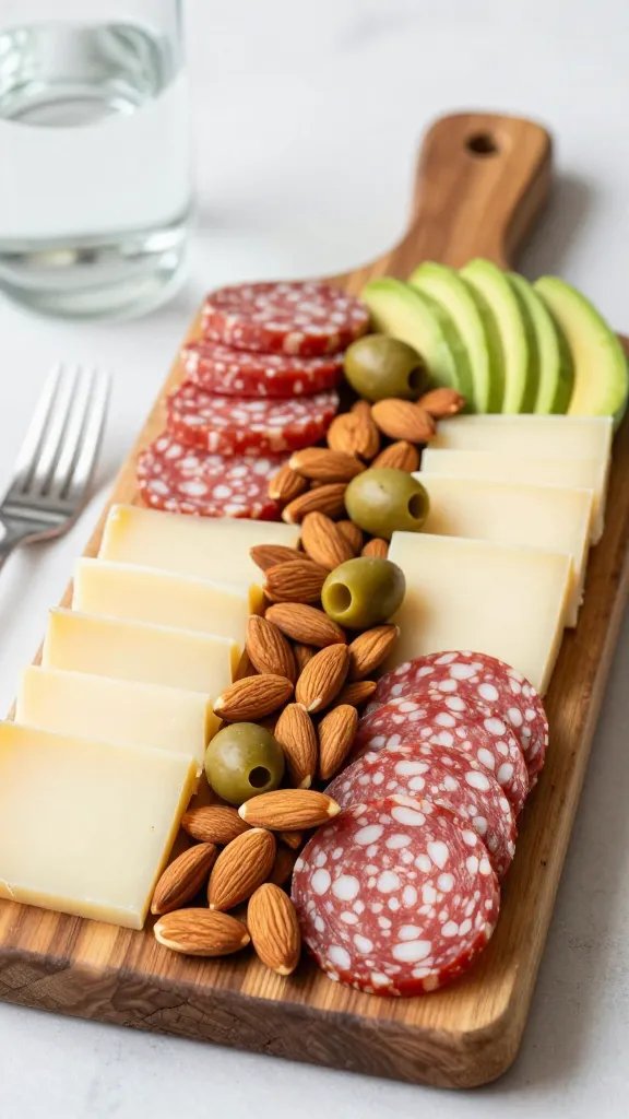 A high-resolution, editorial-style food photograph of a Keto-Cool Charcuterie Board set on a rustic wooden serving board. The board features neatly alternating rows of 8 oz provolone slices and 8 oz salami rounds, interspersed with a generous pile of almonds and scattered olives to fill gaps. The arrangement exudes a clean, minimalist look with a focus on contrast between pale provolone, red salami, and the golden-brown almonds. Include small, elegant forks and a chilled sparkling water bottle or glass nearby for a touch of sophistication. Optional creamy contrast: a few avocado slices placed strategically to add a smooth, vibrant green accent without overpowering the low-carb vibe. Lighting is bright and natural, with shallow depth of field softly blurring the background to emphasize the board as the main subject. No text on the image.