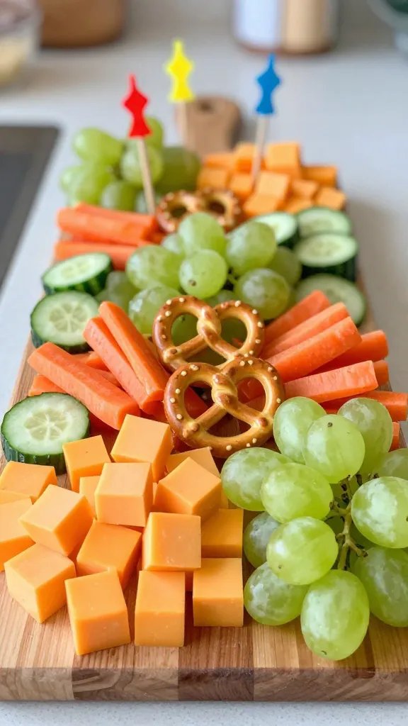 A vibrant, high-resolution food photography scene featuring a kid-friendly charcuterie spread centered around bright, colorful ingredients. In the foreground, a cheerful, elevated wooden board is divided into bold sections: crisp cheddar cubes in sunny orange, carrot sticks or baby carrots, plump green seedless grapes, and playful mini pretzels. The board is surrounded by a few cucumber slices for optional variation, with a few grape clusters and carrot sticks artfully arranged to create a rainbow-like, inviting palette. The background is softly blurred with warm, natural kitchen light, highlighting crunchy textures and glossy grape skins. Include small, kid-friendly picks like colorful mini skewers to add height and accessibility, while ensuring the scene conveys a safe, welcoming party starter vibe for both kids and adults. No visible text, but the composition should feel fun, approachable, and perfectly plated for easy grabbing.