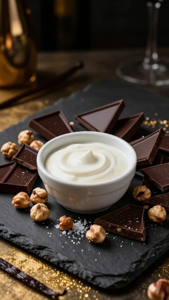 Create a high-resolution, magazine-worthy photograph of a Luxe Midnight Charcuterie Board at a glamorous party setting. Center a glossy, small white ceramic bowl filled with velvety vanilla yogurt for dipping, surrounded by artistically scattered shards of dark chocolate, broken into irregular, dramatic pieces. Arrange a halo of lightly salted hazelnuts around the chocolate and yogurt, with a subtle shower of fine sea salt crystals catching the light for sparkle. Use a dark, moody background with warm ambient lighting; incorporate rich, deep tones—charcoal slate board, obsidian backdrop, and a hint of gold accents (e.g., gilded crumbs or a gold-dusted surface) to evoke luxury. Add a few delicate vanilla bean pods for aroma suggestion, and ensure the composition radiates upscale party vibes. No text overlay. The main subject: Luxe Midnight Board featuring dark chocolate shards, a central yogurt dip, and golden crumbs to accent the dark chocolate, with a touch of sea salt and roasted hazelnuts. Shoot in macro and medium-wide to capture texture, shine, and depth.