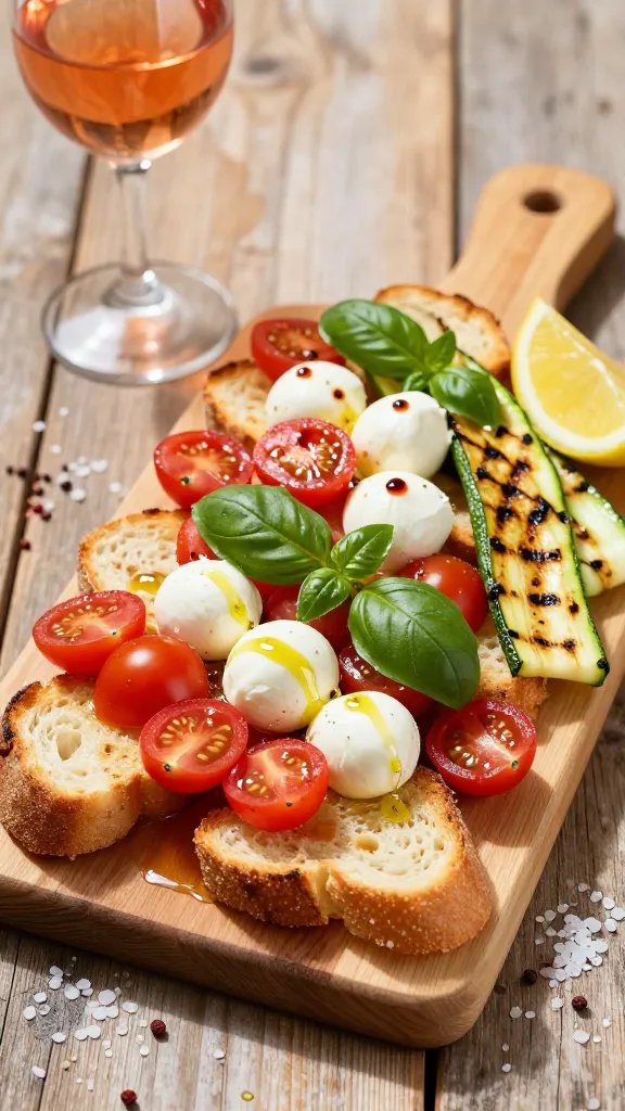 A vibrant, sunlit still-life photograph of a Tuscan Panzanella board on a rustic wooden table, styled for a summer BBQ. The centerpiece is a generously arranged boards laden with toasted cubed day-old bread, halved cherry tomatoes, and delicate fresh mozzarella pearls, accented with bright green basil leaves and a light drizzle of extra virgin olive oil and a splash of red wine vinegar. Include grilled zucchini ribbons lightly charred for smoky notes and a small wedge of lemon for brightness. Surround the board with a chilled rosé glass, a few coarse sea salt crystals, and scattered pepper flakes for texture. Use warm, natural lighting to emphasize the golden toast, the juicy red tomatoes, and the glossy mozzarella; shallow depth of field should softly blur the background while keeping the board and ingredients in sharp focus. No text on the image.
