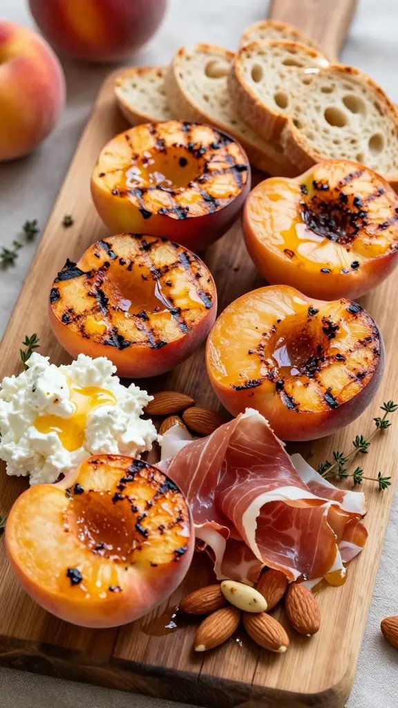A vibrant, high-resolution food photography scene featuring a smoked honey-charred peach board as the main subject. The board is rustic wooden, generously loaded with halved peaches grilled to char marks, spread of creamy goat cheese, torn slices of prosciutto, and a drizzle of glossy honey. Add toasted almonds and Marcona almonds for texture, fresh thyme sprigs scattered for color, and a few crusty bread slices fanned at the edge. The peaches should have smoky grill lines and a caramelized glow, cheese creamy and slightly overflowing, prosciutto delicate and translucent. Lighting is warm and natural, with soft shadows to emphasize the textures and depth. Include a subtle, shallow depth of field so the board remains the focal point while the background hints at a sunny outdoor setting with a picnic or BBQ ambiance. No text on the image.