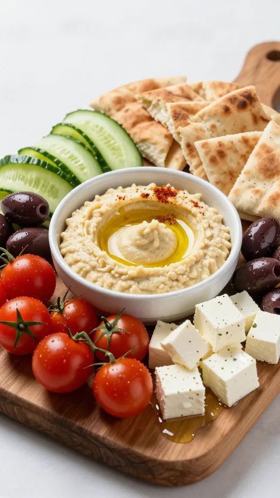 A high-resolution, studio-lit food photograph of a Mediterranean mezze spread arranged on a rustic wooden board. Centered is a shallow white bowl of creamy hummus with a slight swirl and a subtle olive oil shine. Surrounding the bowl: vibrant cucumber ribbons, an assortment of bright red cherry tomatoes, glossy Kalamata olives, and generous cubes of feta. Pita triangles fan out around the edge of the board. Light dusting of paprika over the hummus and a light drizzle of olive oil across the platter to create a glossy, inviting finish. Fresh, airy composition with soft shadows and a shallow depth of field to emphasize textures—the smooth hummus, crisp cucumber ribbons, plump olives, crumbly feta, and warm pita. Natural, summer-feel styling with a hint of rosemary and a small sprinkle of herbs for color nuance. No text on the image.