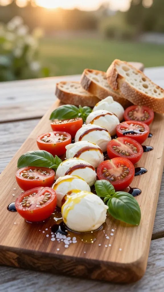 A high-resolution, artful food photograph of a Caprese Sunset Board for an outdoor summer setting. Centered on a rustic wooden board, arrange alternating red cherry tomatoes (halved) and round fresh mozzarella balls in a scalloped, sunset-inspired pattern, with small clusters of bright green fresh basil leaves scattered between. Drizzle a glossy balsamic glaze in a delicate zigzag over half the board, with a light sheen of extra virgin olive oil visible on the tomatoes and mozzarella. Add a pinch of flaky sea salt across the surface. Include a few slices of crusty crusty bread or crostini fanned at one edge. The background should be softly blurred greenery and warm golden-hour light, emphasizing minimalistic luxury and a clean, inviting aesthetic. No text. Realistic lighting, natural textures, and vibrant colors to convey an appetizing, upscale picnic/board game vibe.