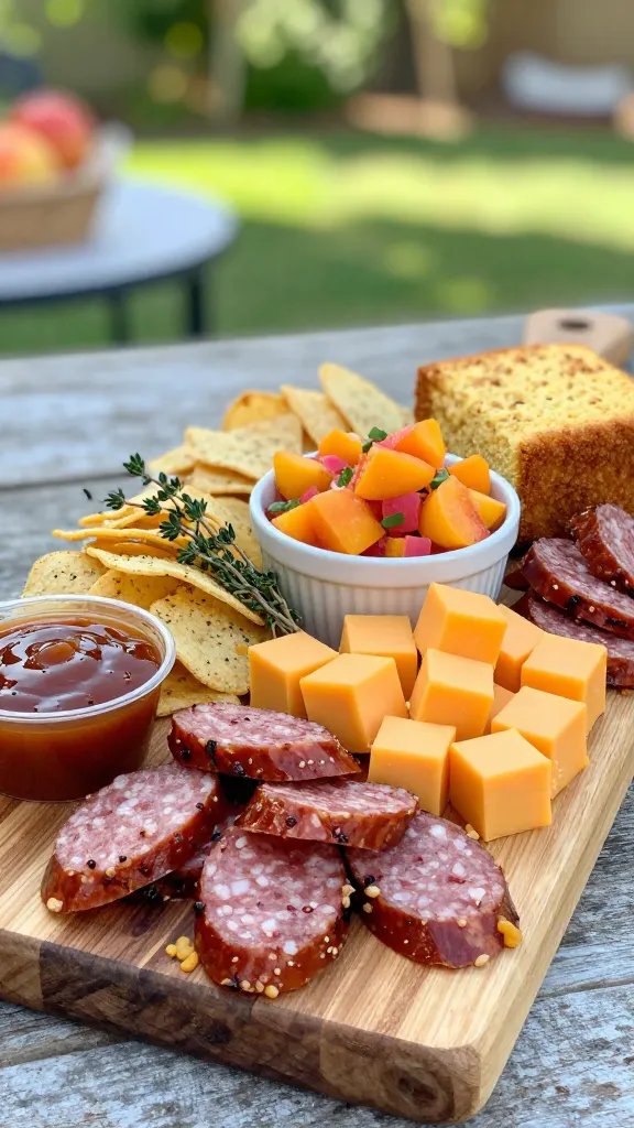A high-resolution, hyper-realistic food photography shot of a Southern Slick Charcuterie board with a Peach BBQ Twist, styled for a backyard party. The board features smoked sausage slices, cubed cheddar, salted corn chips, a mini cubed cornbread loaf, and a generous bowl of bright peach salsa, all artfully arranged on a rustic wooden board. Include a small ramekin of glossy BBQ sauce, a few sprigs of fresh herbs for color (like thyme or cilantro), and soft natural lighting that highlights the smoky tones of the meat and the orange-pink peach salsa. The background should be a sunlit backyard scene with blurred greenery and a hint of a picnic setup, but the focus remains on the board's textures and colors. No text on the image.