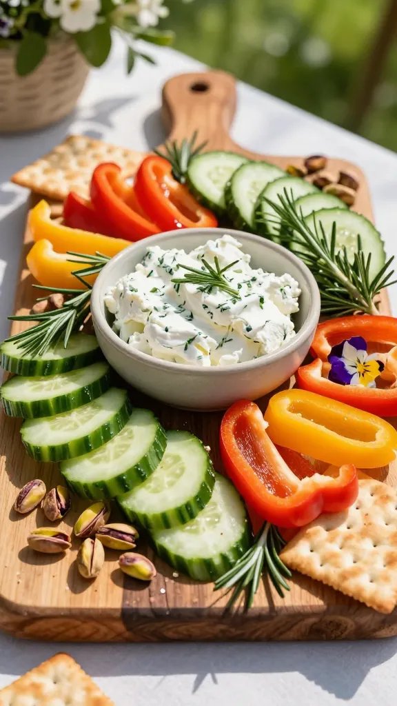 A vibrant, high-resolution food photography image of a Herb Garden Breeze Board for a summer outdoor gathering. The board is a rustic wooden charcuterie board topped with a small ceramic bowl of creamy herbed chèvre at the center. Surround the cheese with neatly arranged, thin cucumber slices, brightly colored mini bell pepper strips, and a scatter of roasted pistachios. Fresh rosemary sprigs are interlaced around the edges, with a light dusting of edible flowers (optional) adding delicate pops of color. The scene includes crisp crackers fanned around the border and a soft, natural sunlight glow casting gentle shadows, suggesting a sunlit picnic or garden party setting. The background subtly hints at a sunlit outdoor table with a blurred green garden to convey a breezy, summery atmosphere. No text on the image.