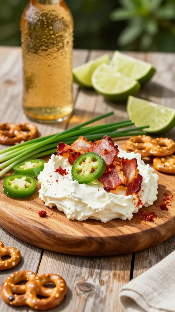 A high-resolution, studio-style food photograph of a vibrant summer party spread featuring a "Spicy Beware Board: Jalapeño Popper Dream" as the main subject. Center a small, shallow wooden board or ceramic dish holding a smooth mound of smoked cream cheese, topped generously with crumbled crisp bacon and thin jalapeño slices arranged in a spiral or fan. Surround with an artful scatter of crunchy pretzel crackers and a handful of fresh chives, with the chives lightly cut to uneven lengths for texture. Include a light drizzle or dusting of paprika for color contrast and a cool, refreshing backdrop of lime wedges and a chilled lager bottle or glass with condensation to suggest pairing. The setting should be a sunlit outdoor picnic/BBQ table with natural textures (wood grain, linen napkins) and soft bokeh greenery in the background, emphasizing a spicy yet balanced, inviting vibe. Style: warm, glossy to matte contrasts, natural shadows, macro-friendly for fine detail on cream cheese, bacon, jalapeños, and crackers. No text on the image.