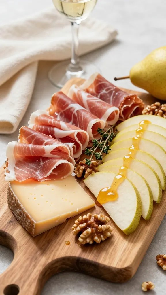 A high-resolution, photorealistic still-life of an elegant summer charcuterie board centerpiece titled “Alpine Alpine: Gruyère, Prosciutto & Pears.” The board features thinly sliced Gruyère arranged in a neat arc, ribbons of Prosciutto gently folded and fanned, and pear slices fanned in a separate section, all on a rustic wooden board. Scatter roasted walnut halves around the cheese and meat, with a delicate drizzle of honey over the pear slices and nuts for a subtle sheen. Include a small cluster of fresh thyme sprigs for a pop of green and a slight glisten on the honey. Surround the board with complementary elements: a chilled glass of sparkling wine, a soft linen napkin in warm cream, and natural light casting gentle shadows to emphasize textures (creamy cheese, delicate meat, crisp pear, and crunchy walnuts). The composition should be clean, inviting, and elegant, with a shallow depth of field to softly blur the background while keeping the main subject sharp and mouthwatering. No text or branding in the image.