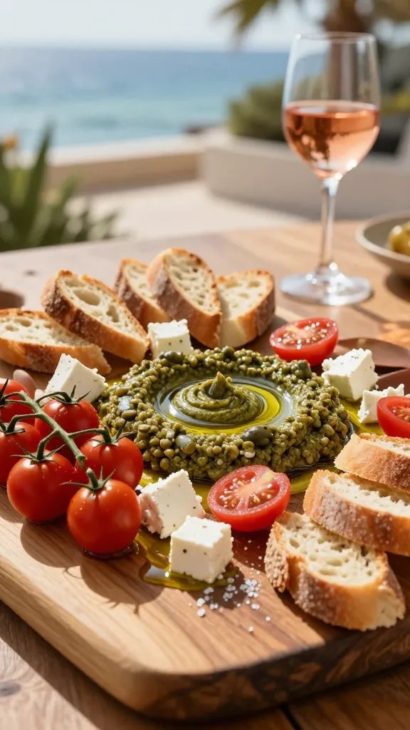 A sunlit coastal-kitchen table scene featuring a rustic wooden board as the centerpiece, styled for a coastal market vibe. In the middle, a shallow, round dish holds a generous swirl of glossy olive tapenade. Surrounding the tapenade, bright cherry tomatoes on the vine and crumbles of creamy feta are artfully scattered, with thin slices of a crusty mini baguette fanned around the edges. A light drizzle of olive oil glistens over the arrangement, with a delicate pinch of flaky sea salt sparingly sprinkled. The background hints at a seaside setting with soft blurred blues and a hint of greenery, suggesting a breezy backyard patio. The lighting is warm, golden hour, casting gentle shadows and highlighting the textures of the tapenade, juicy tomatoes, and crumbly feta. A chilled rosé glass sits nearby, partially visible, to reinforce the pairing. The overall aesthetic is vibrant, rustic, and Mediterranean-inspired, inviting, and appetizing.