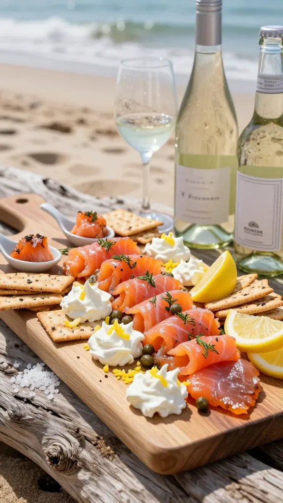 A high-resolution, photorealistic still life of a coastal charcuterie board scene on weathered driftwood beside a sandy beach and gentle waves in the background. The main subject is a lemon-dill salmon and sea-salted everything board: include 4 oz thinly sliced smoky salmon pearls arranged in delicate ribbons, small dollops of whipped cream cheese, lemon zest scattered for brightness, and a few capers glistening. Surround with sea-salted crackers arranged in neat stacks or slices, a few lemon wedges, and a light scattering of sea salt crystals. Add a few cracker-topped salmon bites on small ceramic spoons for elevation. Include a chilled bottle of crisp Sauvignon Blanc and a slender glass with condensation, plus a light IPA bottle nearby to hint at pairing. Use soft, natural sunlight with a shallow depth of field to blur the background slightly, ensuring the salmon board is razor-sharp and the textures—creamy cheese, silky salmon, citrus zest, and crunchy crackers—are highly tactile. No text on the image.
