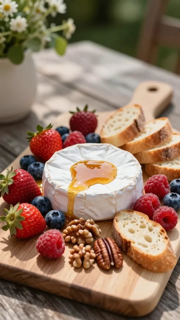 A realistic, high-quality food photography shot of a Brie in Bloom board in an elegant outdoor dining setting. Center a round wheel of Brie with rind removed on a light wooden serving board, surrounded by a lush scattering of mixed berries (strawberries, blueberries, raspberries), a handful of walnuts and pecans, and several thin baguette slices arranged invitingly. A delicate drizzle of honey or berry compote glistens over the Brie and berries, with warm, ambient sunlight casting soft shadows. The Brie should appear slightly melted for an indulgent, luxurious look, capturing the “Brie in Bloom” moment without visible kitchen gear. Use shallow depth of field to keep the Brie and berries crisply in focus while softly blurring the background greenery and rustic table, and ensure the composition conveys an effortless, elegant summer charcuterie vibe. No text on the image.