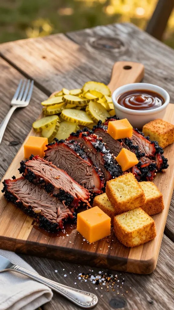 A high-resolution, fashion-forward food photography scene of a Tex-Monsanto BBQ Brisket & Pickle Dream board set on a rustic wooden picnic table outdoors in warm golden-hour light. The board is a natural wood platter piled with tender shredded brisket, bright pickle chips, and glowing orange cheddar cubes, complemented by bite-sized mini cornbread bites. Include a small ceramic bowl of glossy BBQ sauce for dipping, with a few brisket slices folded for texture, and a scattering of coarse salt and cracked black pepper for atmosphere. Arrange components in a cohesive, abundant layout that invites hands-on assembly, with a few stylish, vintage-style cutlery pieces and a linen napkin peek. Depth of field should softly blur the background greenery while keeping the board crisp and inviting, capturing the smoky, savory, and slightly tangy allure of a backyard rodeo in a single, mouth-watering image. No text or branding visible.