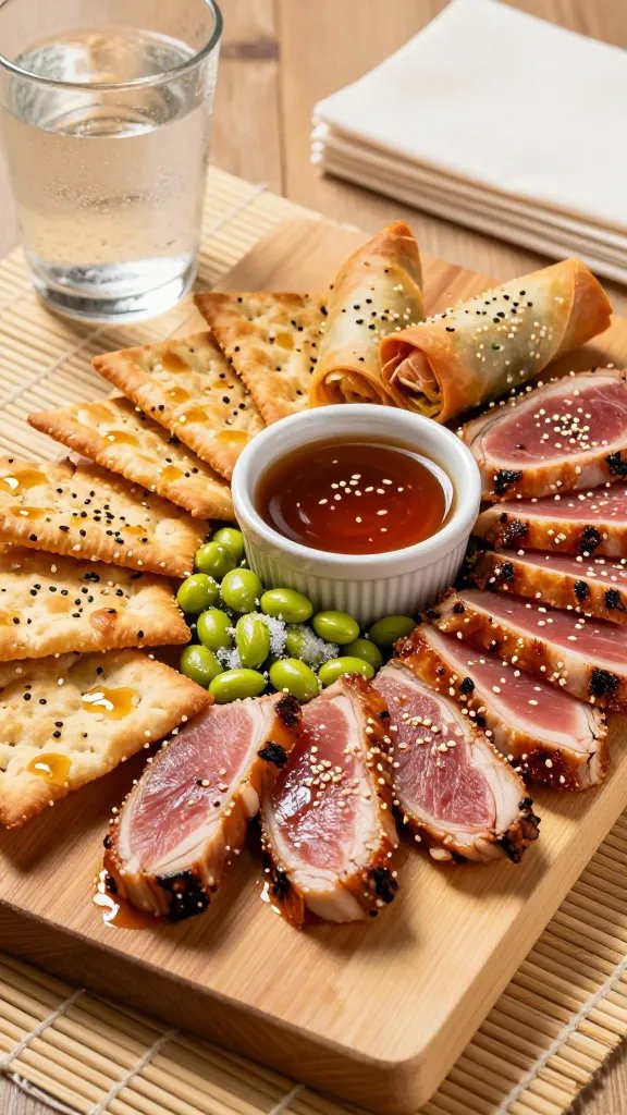 Create a high-resolution, hyper-realistic food photography shot of an Asian-inspired charcuterie board themed "Sesame Glow". Center the main subject as a beautifully arranged board featuring: crisp mini spring rolls or sesame crackers as the base, thinly sliced smoked tuna or chicken fanned artfully, a small ramekin of glossy soy-ginger dipping sauce, and a generous sprinkling of lightly salted edamame. Garnish with a delicate sprinkle of sesame seeds and a few sesame oil-shimmer highlights on the edges of the crackers to emphasize a glowing, sesame-forward aesthetic. Arrange on a light wooden board with natural textures, placed on a bamboo placemat. Surround with minimal props: a chilled glass of sparkling sake with condensation, and a clean, crisp napkin stack to imply readiness for finger-licking enjoyment. Lighting should be warm and inviting, with soft side light to create gentle shadows and a slight sheen on the dipping sauce, highlighting the umami vibes. The composition should feel intimate yet vibrant, inviting close-up tasting and showcasing the glossy textures of the tuna/chicken slices, the crunch of the crackers, and the subtle sparkle of sesame seeds, all without any text overlays.
