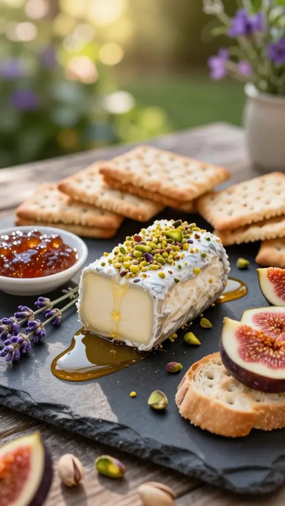 Ahigh-resolution, hyper-realistic food photography shot of a rustic garden-partY charcuterie board featuring Honey-Lavender Goat Cheese as the main subject. Center a small, creamy goat cheese log rolled in finely crushed pistachios, placed atop a slate board. Surround with delicate dollops of amber honey drizzled in thin ribbons, a small spoonful of fig jam, and a handful of lavender sprigs for a subtle purple accent. Arrange crisp crackers and crostini around the cheese, with a few items for texture: fresh fig slices, complementing pistachios scattered lightly, and a few extra honey droplets catching soft natural light. Use a soft, warm outdoor ambiance with dappled sunlight filtering through greenery to evoke a garden party vibe; include gentle, out-of-focus floral bokeh in the background. Plate should look immaculate for brunch or sunset grazing, lavender optional but aesthetically charming, no text on the image.