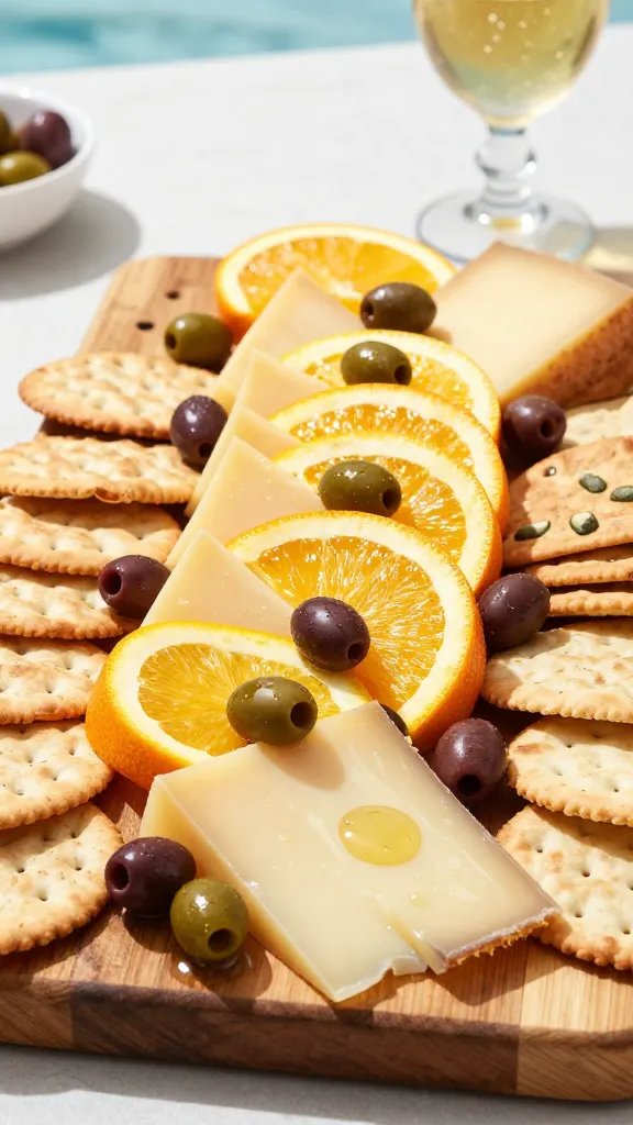 A vibrant, high-resolution still-life food photograph of a "Marinated Olive & Citrus Ribbon Board" for a summer charcuterie spread. Centerpiece features neatly arranged wedges of Asiago or Manchego cheese interleaved with bright slices of orange and lemon, all lightly glistening as if marinated. Scattered marinated olives with olive brine glisten around the cheese, creating a ribbon-like, sunburst pattern that flows across a rustic wooden board. Fill gaps with crisp crackers in varying shapes and textures, some stacked and others laid flat, to invite guests to build citrus-olive cheese bites. The scene is illuminated with bright, natural daylight to emphasize the citrus zing and the briny sheen of the olives, with subtle shadows for depth. A light, summery background suggests a beachy or garden picnic setting, and a chilled glass of dry sparkling wine or IPA is softly visible in the background to hint at pairing. No text on the image.