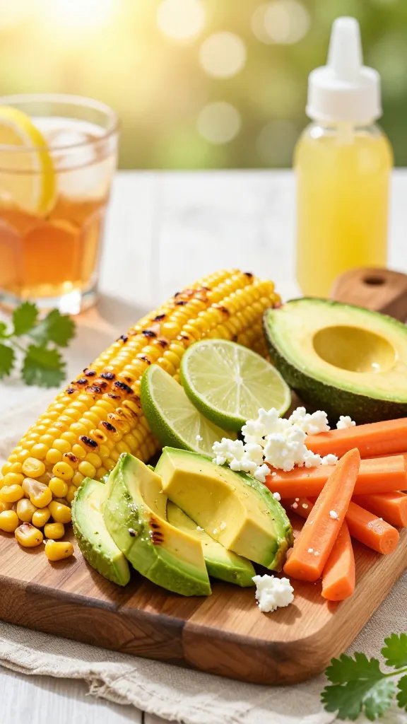 A bright, sunlit food photography scene featuring a curated Harvest Board with Corn, Avocado & Lime as the main subject. Set on a rustic wooden board atop a light linen cloth, the board displays vibrant corn kernels grilled to a slight char, a handful of cubed avocado, and crumbled queso fresco scattered among carrot sticks for a pop of orange. Add lime wedges arranged in a fan or cluster to provide fresh green contrast. Include a light drizzle or a squeeze bottle resting nearby to imply that lime juice will be added just before serving. Surround with soft, summery props: a glass of iced tea with a lemon wheel, a few fresh herb sprigs (cilantro or parsley), and a sunlit background with warm, golden bokeh to convey an outdoor picnic or BBQ vibe. Capture a shallow depth of field to keep the harvest board in sharp focus while softly blurring the background, with natural, diffused sunlight highlighting the glossy avocado, the kernels’ sheen, and the crumbly queso fresco for a vibrant, inviting, and crowd-pleasing look. No text on the image.