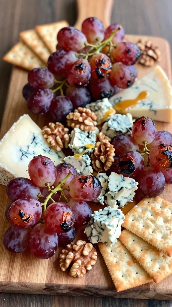 A realistic, high-quality food photograph of a charcuterie board centered around the concept "Charred Grape & Gorgonzola Gala." The board features lightly charred blistered red grapes arranged in clustered bites, interspersed with dollops or shards of creamy gorgonzola (or blue cheese) with visible blue veining, and a generous scattering of walnuts. Include an artful drizzle of honey over the grapes and cheese slices. Arrange crisp crackers around the edges of a rustic wooden serving board, with a few grape stems and walnut halves adding texture. The lighting is warm and natural, highlighting the char on the grapes and the marbled blue cheese, with a shallow depth of field to softly blur the background. The overall composition should feel elegant yet effortless, with a bold, decadent vibe that conveys a sophisticated summer snack for a BBQ or picnic. No text on the image.