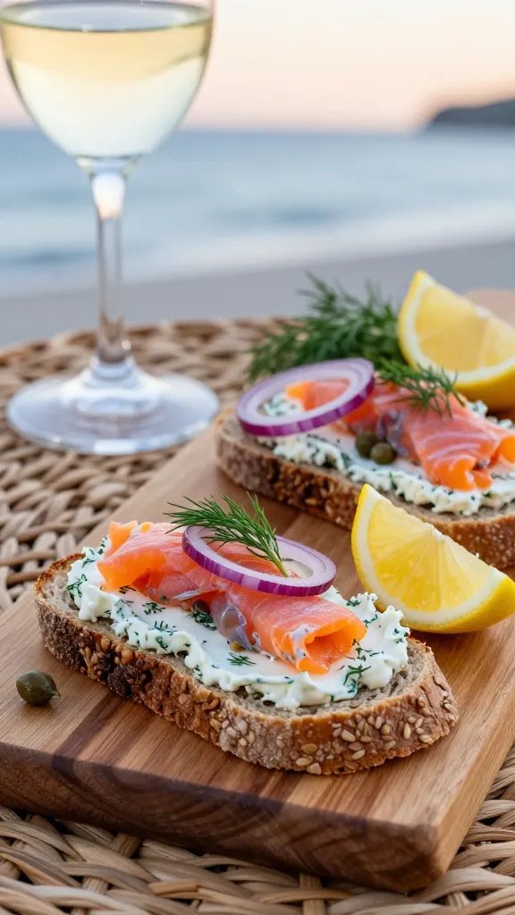 A high-resolution, photorealistic still life of a Nordic rye board featuring smoked salmon on crisp rye bread rounds spread with dill cream cheese, arranged on a rustic wooden board. Include thin red onion slices, capers, and bright lemon wedges as accents, with dill sprigs for aroma and a subtle glow of cool coastal lighting. Set on a coastal wicker placemat with a chilled white wine or cider glass partially visible in the background, a soft, sunlit backdrop suggesting a warm evening outdoors. Ensure no text appears in the image.
