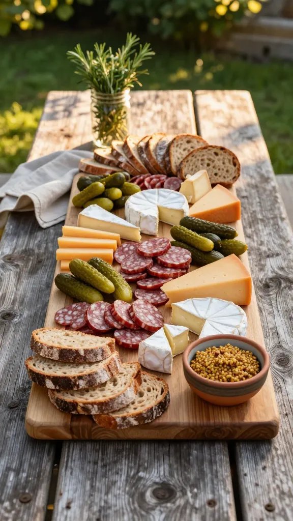 A high-resolution, realistic food photography scene of a rustic Bauernhof-inspired board laid out on a weathered wooden picnic table in a sunlit backyard. The main subject is a generous charcuterie board featuring an assortment of sliced sausages, a variety of pickles (cucumbers, cornichons, and tangy pickle spears), and wedges of Brie and cheddar arranged in an inviting, geode-like pattern. Surround the board with rustic rye and sourdough bread slices fanned in layered arcs and small ceramic bowls for condiments, including a tangy mustard dip in a rustic stoneware dish. Add natural props to emphasize outdoor ambiance: a light linen napkin in neutral tones, a mason jar with fresh herbs (rosemary or thyme) to hint at aroma, soft-focus greenery in the background, and warm, golden-hour sunlight casting gentle shadows. Keep the composition balanced with gaps filled by bread and small bowls, ensuring the main subject stands out while conveying a laid-back, backyard hang vibe. No text on the image.