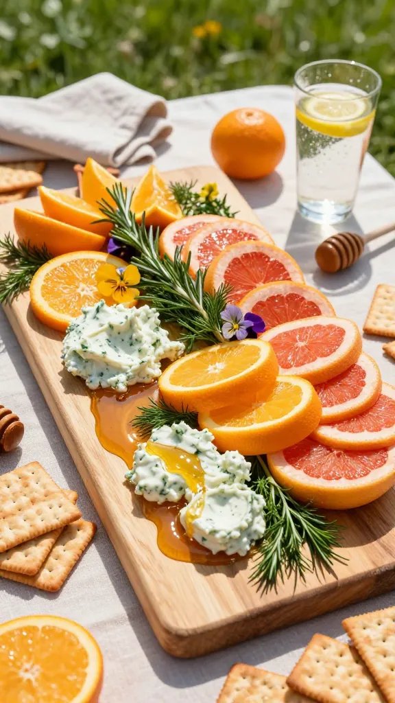 A bright, sunlit outdoor picnic table set on a lush green lawn, featuring a vibrant charcuterie board as the main subject. The board showcases a honeyed citrus and herb-bloom theme: overlapping wedges of orange and grapefruit arranged in gentle arcs, dollops of pale green herbed cream cheese, and a delicate drizzle of golden honey in a light, meandering stream. Fresh herbs—sprigs of dill, rosemary, and chives—are scattered as a fresh garnish, with small edible flowers tucked among the citrus for a floral accent. Surrounding the board, place crisp assorted crackers, a few whole citrus fruits, and subtle accents like a small honey dipper, a glass of sparkling water with lemon, and a linen napkin in a soft, sunny color. Warm, natural sunlight creates bright highlights and gentle shadows, emphasizing the glossy honey, the juicy citrus segments, and the creamy texture of the herbed cheese. The overall mood is festive, inviting, and ideal for an outdoor summer party environment. No text on the image.