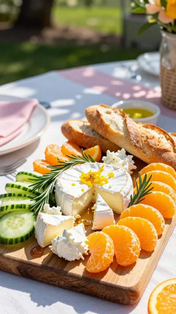 A bright, sunlit outdoor summer tabletop scene showcasing a vibrant citrus charcuterie board as the main focal point. The board is a rustic wooden serving board layered with soft brie wedges and scoops of creamy goat cheese, surrounded by mandarin segments, cucumber ribbons, and a drizzle of mandarin honey. Garnish with fresh rosemary sprigs and a light dusting of lemon zest. Include a sliced baguette fanned at the side and a small dish of olive oil for dipping. The scene should have natural sunlight creating warm highlights and gentle shadows, with a blurred backyard garden and pastel picnic textiles in the background to convey a sunlit backyard hang. Emphasize bright citrus colors, creamy textures, and an inviting, shareable spread with a slightly elevated, editorial food photography style.