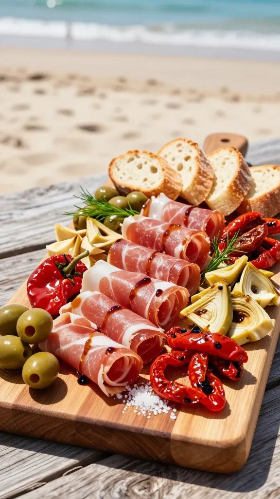 A vivid, high-resolution food photography scene of a beachy antipasto board styled to feel like a vacation getaway. Centerpiece is a rustic wooden boards layered with 6 oz soppressata rolled into tight cylinders and 6 oz prosciutto folded into elegant ruffles, arranged in a fan-like arc with a light drizzle of balsamic glaze tracing the edges. Surround with bright Castelvetrano olives in small clusters, glossy roasted red peppers, marinated artichoke hearts, and sun-dried tomatoes distributed in a casual, sun-kissed spread. Include a small, crusty baguette sliced into thin rounds fanned at one end. The board rests on a sunlit beachy table or driftwood backdrop with soft, natural shadows, subtle hints of blue ocean and sandy tones in the background. Garnish with a few fennel fronds for freshness and a light dusting of flaky salt. The overall composition should evoke a vacation mood without leaving home, with rich textures from the meats, glossy olive oil, and vibrant colors of peppers and sun-dried tomatoes, captured in shallow depth of field to keep focus on the antipasto board. No text on the image.