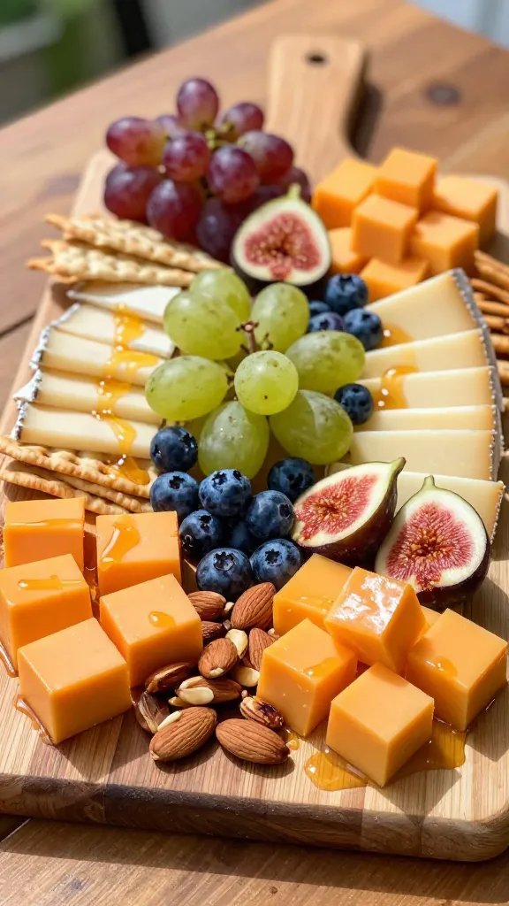 A vibrant, high-resolution still-life food photograph of a Fruity-Funky Cheese Board that feels like a party playlist. The board is a rustic wooden chopping board set on a warm-toned tabletop with natural daylight. On opposite ends, place 8 oz of aged cheddar cut into neat cubes and 8 oz of gouda sliced into ribbons, both slightly glossy. Between them, create clusters of 1 cup halved grapes, 1 cup blueberries, and 1 cup halved fresh figs to add color variety. Drizzle a light, amber honey across small sections of the board for a subtle shine. Scatter 1/4 cup roasted almonds in organic, uneven piles among the cheese and fruit. Include slender crackers or crostini tucked along the edges, some leaning against cheese. Emphasize a playful, rhythmic arrangement with bright, summery hues: deep orange cheddar, warm yellow gouda, purple-blue berries, and emerald-green fig interiors. Use shallow depth of field to softly blur the background while keeping the cheese, fruit, honey, and almonds in sharp focus, with natural shadows and a clean, appetizing presentation. No text on the image. The main subject: a Fruity-Funky Cheese Board centerpiece that embodies a party playlist vibe.
