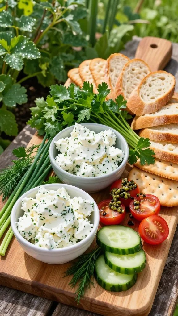 A lush, sunlit herb garden board spread on a rustic wooden tasting board, styled for a bright summer morning. The main subject is a charcuterie board featuring two small bowls of spread: one bowl with creamy herbed goat cheese and the other with whipped feta, both visibly speckled with fresh herbs. Surround the bowls with a vibrant arrangement of fresh parsley, chives, and dill, loose and tucked among cucumber slices, halved cherry tomatoes, and a scattering of olive tapenade. Include an assortment of crackers and sliced baguette fanned at one edge. The board should convey a garden-inspired vibe: dewy greens, soft natural light, subtle shadows, and a clean, fresh color palette of greens, creams, and warm bread tones. Shoot from a slightly elevated angle to capture the full composition, with focus on the textures of the creamy cheeses, crunchy crackers, and crisp vegetables, and ensure no text or branding is visible in the image.