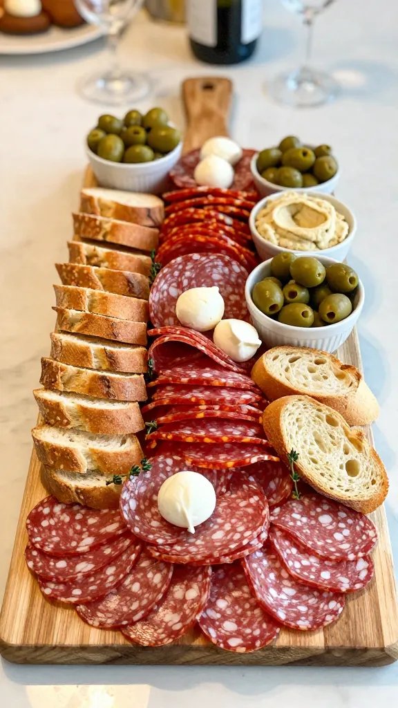 A vibrant, high-resolution food photography scene featuring a no-fork-needed happy hour charcuterie board as the main subject, arranged on a sleek wooden board atop a light marble countertop. The board is designed with a dramatic height, using a ziggurat stack of salami coins and chorizo slices as the centerpiece for instant depth, surrounded by neatly lined baguette slices, and small bowls filled with olives, cornichons, and hummus. Scatter marinated mozzarella balls tucked into the gaps between meats for creamy bites, with the bowls placed at varying angles to create visual interest. Natural, warm lighting from the left highlights the glossy textures of the meats and the marinated mozzarella, casting soft shadows that emphasize height and structure. Include a few sprigs of fresh herbs (like thyme or parsley) for color contrast, and a light, airy background with a hint of a party setting—glasses, a blurred bottle, and subtle bokeh in the distance—without any visible text or labels. The composition should feel casually elegant, inviting, and perfectly shareable, with rich, true-to-life colors: ruby-red salami, deep red chorizo, pale pink mozzarella, olive greens, and golden baguette slices.