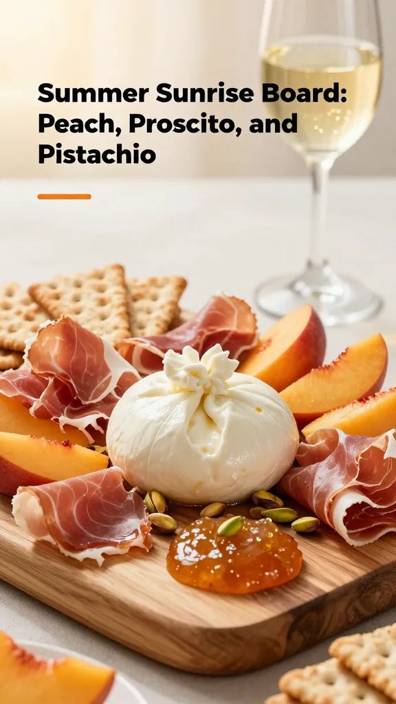 Ultra-realistic food photography of a summer charcuterie board titled “Summer Sunrise Board: Peach, Prosciutto, and Pistachio.” A clean, sunlit wooden board sits center-stage with a central mound of creamy burrata, its ivory surface glossy and inviting. Arrange torn prosciutto slices in soft folds around the burrata, interspersed with folded peach wedges and scattered shelled pistachios for texture. Include small dollops or a gentle pool of peach preserves nearby to showcase dipping, with a selection of crackers or crostini fanned at the edges. The scene is accented by a light, airy background with warm golden hour tones and a subtle sparkle on a glass of dry sparkling wine in the background to heighten summer vibes. Composition should be balanced and elevated, with natural light highlighting the burrata’s creaminess, the peachy hues, and the glossy preserves, while a shallow depth of field keeps the board crisp and the background softly blurred. No text on image.