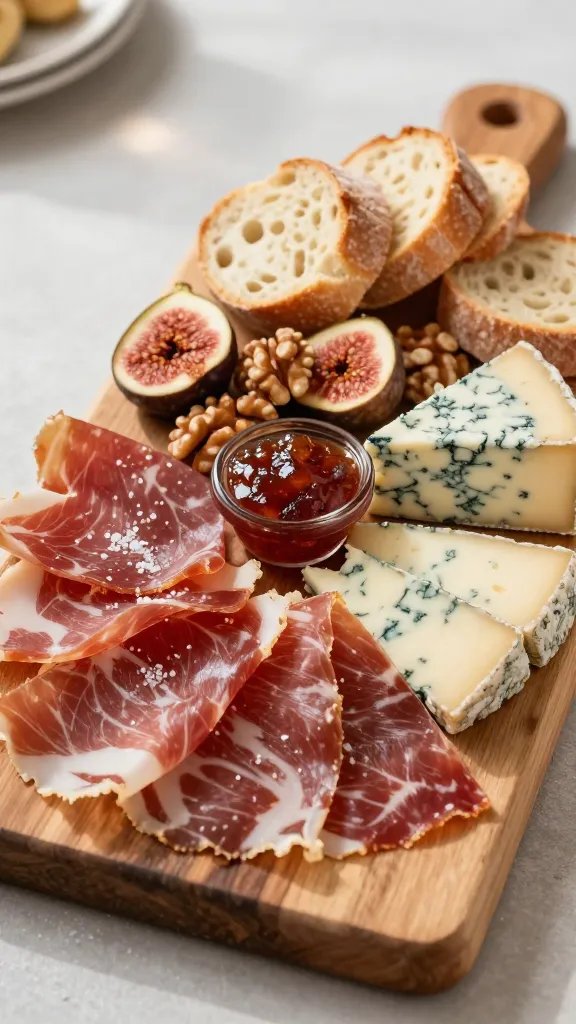 A high-resolution, artistically lit editorial food photograph of a holiday-ready cheese board on a rustic wooden board. The main subject is a carefully arranged charcuterie board featuring 8 oz manchego and 8 oz blue cheese as the anchor cheeses, with a central dollop of fig jam. Surround with 1 cup of dried fig slices and 1 cup of candied walnuts for texture and sweetness, and 1 baguette sliced into rounds for scooping. The layout should emphasize a warm, seasonal vibe suitable for any holiday table, with a pinch of flaky salt lightly sprinkled on the manchego to catch the light. Use natural daylight with soft shadows, subtle bokeh in the background, and a clean, uncluttered setting. No text on the image.
