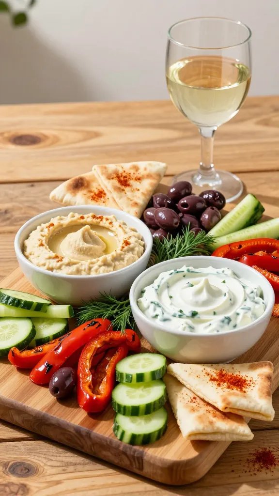 A vibrant Mediterranean mezze board displayed on a rustic wooden table, bathed in warm natural light. The main subject is a generously arranged board featuring two small bowls of hummus and tzatziki at opposite ends, surrounded by glossy kalamata olives, bright roasted red pepper strips, and crisp cucumber coins. Include warm pita triangles fanned at one edge, lightly dusted with paprika for a pop of color. Add a few fresh dill sprigs and cucumber ribbons for garnish, with a chilled glass of crisp white wine nearby to suggest pairing. The scene should feel inviting and vacation-like, with soft shadows, shallow depth of field focusing on the textures of creamy hummus and velvety tzatziki, and a clean, uncluttered background. No text on the image.