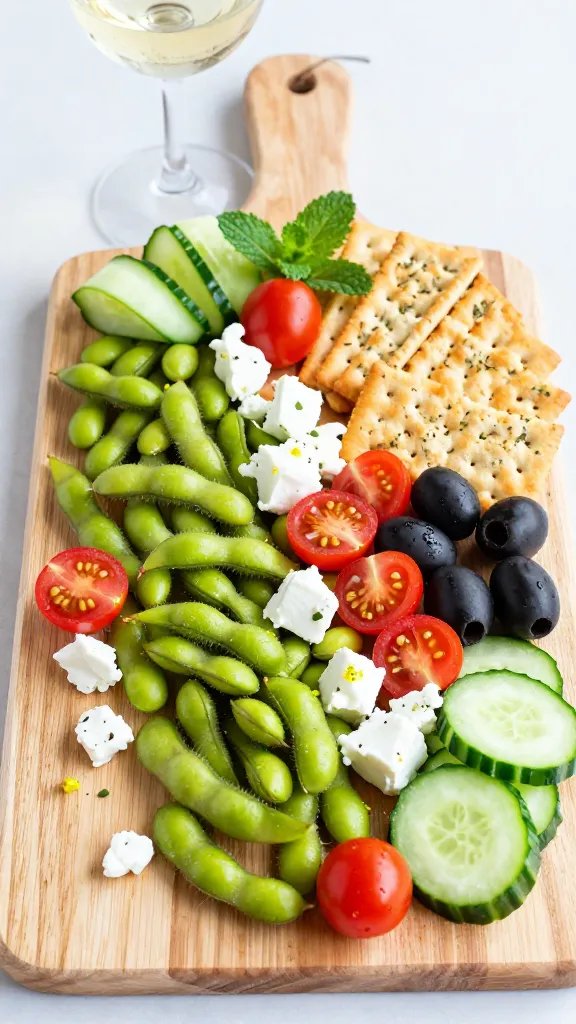 A vibrant, high-resolution food photography scene of a Garden Party Board with Edamame and Everything Nice displayed on a light wooden charcuterie board. The board features a crescent shape of bright green shelled edamame and halved cherry tomatoes for pops of color, crumbled goat cheese dollops scattered like little flavor bombs, and thin cucumber ribbons arranged in graceful curves. A fan-fold arrangement of herb crackers sits nearby for easy grabbing, while olives provide a dark, glossy contrast. Fresh mint leaves garnish the board, with a subtle drizzle of lemon zest and a chilled glass of pale-white wine in the background. The overall styling is fresh, summery, and inviting, with natural light highlighting the textures of creamy goat cheese, crisp crackers, and crisp-edged cucumbers, ensuring the main subject—Garden Party Board with Edamame and Everything Nice—is the focal point. No text on the image.