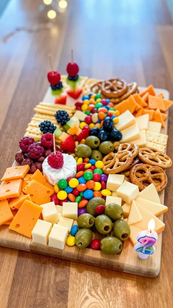 A vibrant, high-resolution still life photograph of a birthday-themed charcuterie board as the main subject, set on a glossy wooden table with soft bokeh lights in the background. The board features a rainbow arc of cheese and snacks: cheddar nibbles in bright orange, white cheddar cubes, candy-coated nuts in bold colors, a mix of green and black olives, and fruit skewers with vivid berries on toothpicks. Interspersed between bites are colorful crackers and pretzels, with fruit skewers tucked playfully between items for a fruity surprise. A small, festive birthday candle is positioned on the board’s edge, ready for photos, and the overall composition emphasizes playful, cheeky, and celebratory vibes. Natural, diffused lighting highlights glossy textures, cheese sheen, and the glossy wood grain, while ensuring no text appears in the image.