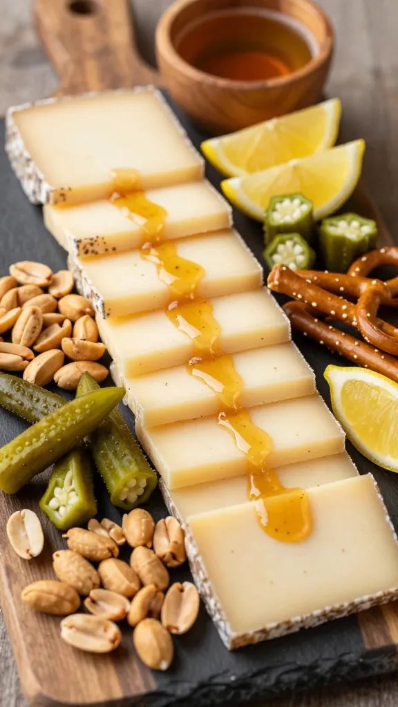 A high-resolution, close-up lifestyle food photograph of a rustic charcuterie board styled for a summer gathering, centered on a smoked gouda and pepper jack cheese board with a spicy Southern twist. The board features a diagonal arrangement of 6 oz smoked gouda slices and 6 oz pepper jack slices featured from the top-left to bottom-right, creating dynamic movement. Lightly drizzle hot honey over the pepper jack to hint at a subtle sheen and heat, with a few delicate flecks catching the light. Surround the cheeses with a curated assortment: roasted peanuts, pickled okra, and pretzel sticks, arranged to fill gaps and add crunch and spice. Include complementary accompaniments like a few bright lemon wedges, a small wooden bowl of amber beer in the background, and a rustic slate or wooden board surface to enhance old-school vibes with a modern twist. Use natural, warm lighting to accent the textures of the creamy cheese, glossy honey, and crunchy snacks, with shallow depth of field to softly blur the background while keeping the cheese line and key ingredients in sharp focus. No text on the image.