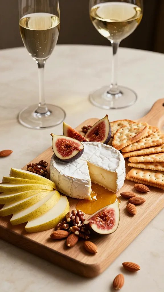 A high-resolution, editorial-style food photograph of an Elegant Evening Charcuterie Board for a date night, set on a soft, warm-toned marble or wooden table. The board features a central arrangement of silky triple crème cheese and fig-walnut cheese, surrounded by neatly fanned pear slices on one side and a delicate pool of honey creating a glossy focal point. Scatter lightly toasted almonds across the board for texture and earthiness. Include crackers and slender baguette slices artfully arranged around the cheeses. The setting includes a chilled flute of sparkling brut and a poured-glass of silky white wine in the background to convey romance and sophistication. Lighting is cinematic and atmospheric with gentle highlights on the cheeses, a shallow depth of field, and a clean, uncluttered composition. No text on the image.