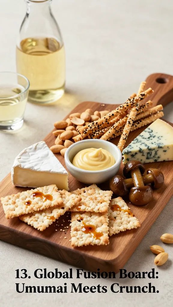 A high-resolution, editorial-style food photography scene of a Global Fusion Board titled “13. Global Fusion Board: Umami Meets Crunch.” The composition showcases a wooden charcuterie board on a light, textured backdrop with natural lighting and shallow depth of field to emphasize detail. Center-left anchors: a wedge of Brie and a wedge of blue cheese placed on opposite ends of the board. Scattered around: crisp rice crackers, crunchy sesame sticks, and a handful of peanuts, with small glossy pickled mushrooms adding color. A small, elegant ceramic dish holds creamy miso butter for dipping, positioned near the center to invite interaction. Include a subtle garnish of sesame seeds, a few sesame oil-glossed surfaces on crackers, and a light drizzle of soy or miso glaze for sheen. In the background, hint at a sake carafe and small glasses with a pale sake flight and a light lager to convey pairing. Use warm, inviting tones, natural textures, and a clean, uncluttered setup with no text on the image. The main subject should be the charcuterie board itself, styled to feel approachable yet sophisticated, with all elements clearly visible and evenly lit.