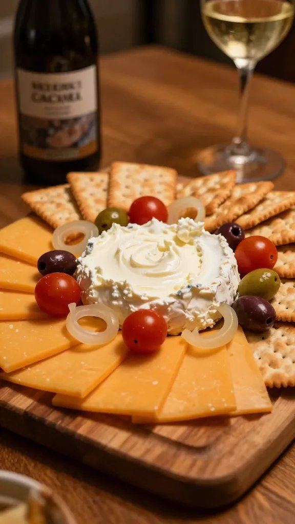 A cozy, inviting charcuterie board scene laid out on a rustic wooden serving board, centered around a creamy cheese spread. In the middle, a shallow, round dish of soft cream cheese forms the “blanket” base, with a neat layer spread toward the center. Arrange folded cheddar slices and bright cherry tomatoes around the edge for pops of color. Scatter translucent pickled onions and glossy olives in small clusters between bites for tangy accents. Surround with a selection of crisp crackers. The board rests on a warm, dimly lit table with a soft-focus background, conveying a relaxed movie-night vibe. Include a chilled bottle or glass of milky stout or a buttery Chardonnay nearby to imply pairing, with natural, cozy lighting that emphasizes creamy textures, vibrant colors, and inviting shadows. No text on the image.